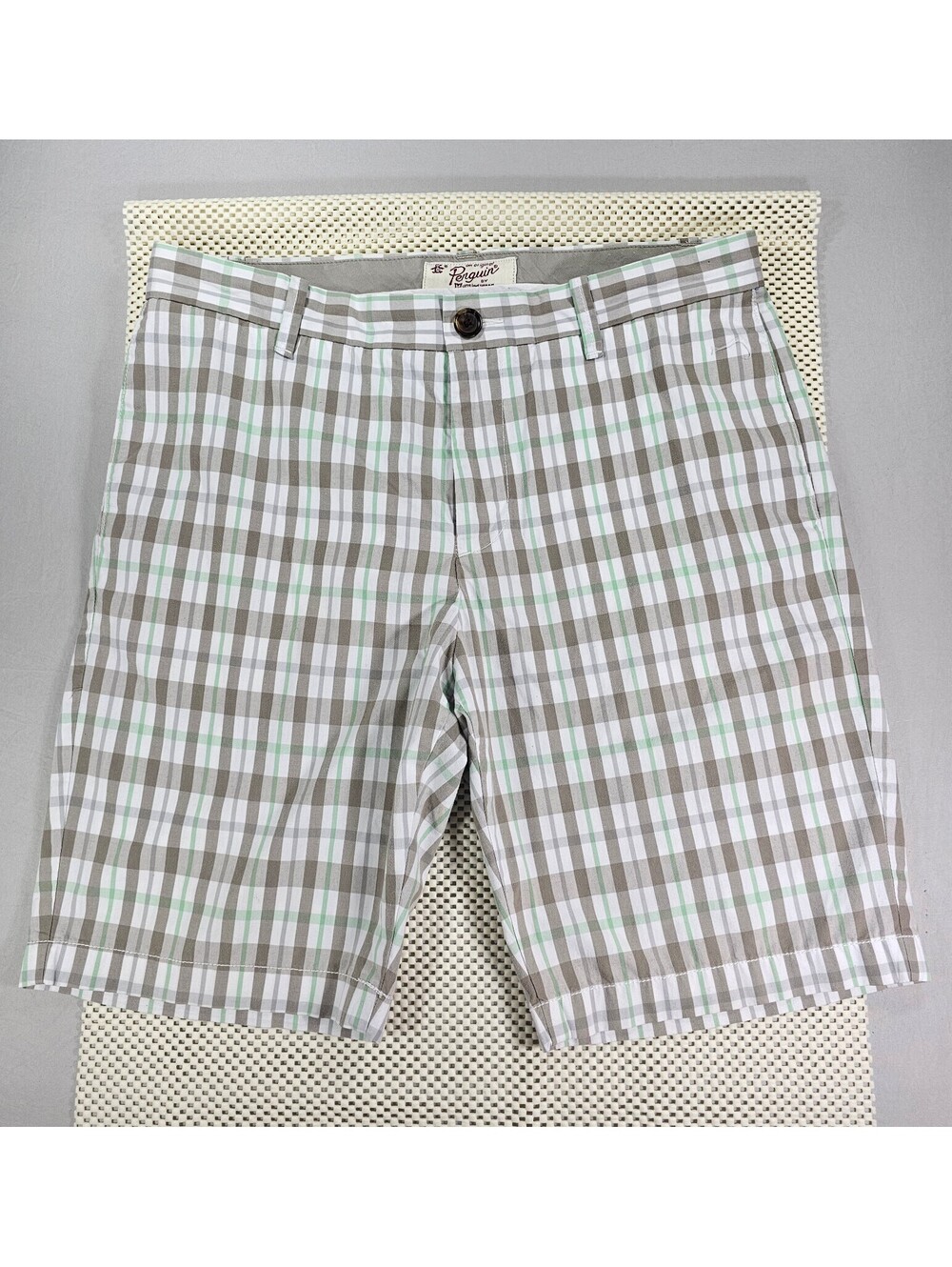 Original Penguin Men's Tan and Lime Plaid Shorts. Size 33.
